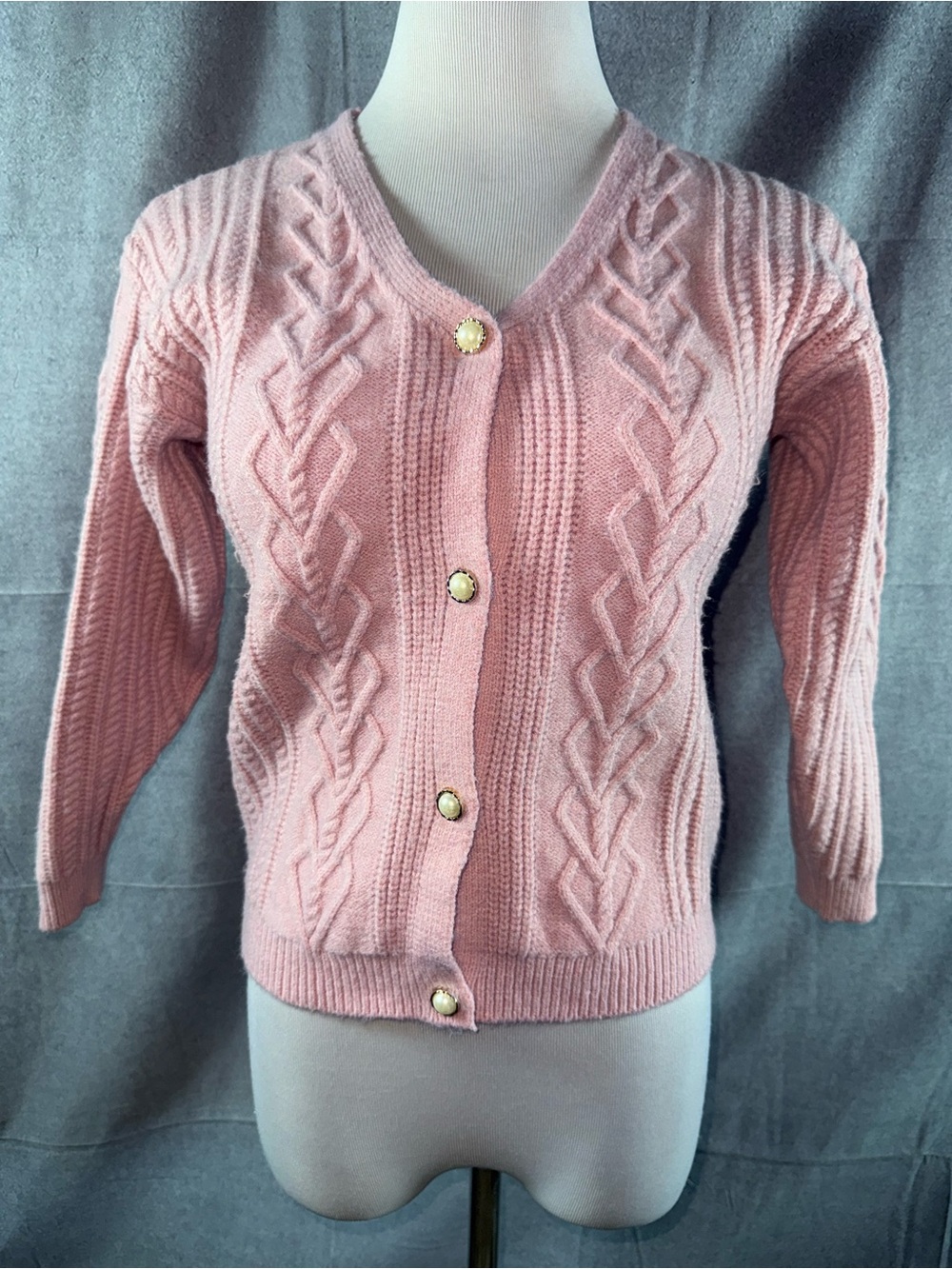 2863-Girls' Pink Cable Knit Button-Front Cardigan Sweater